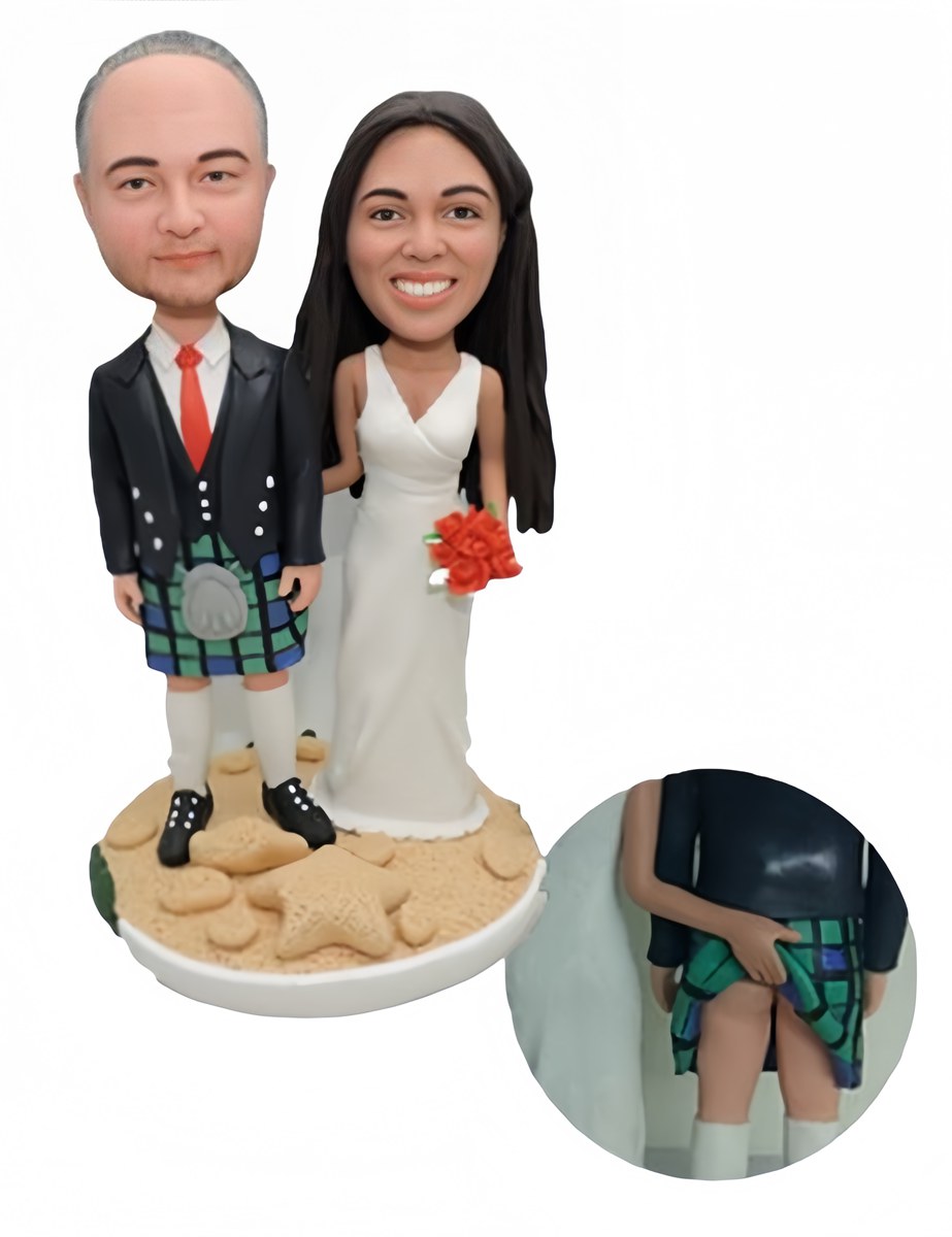 Custom cake topper groom in Scottish kilt bride grab groom's buns